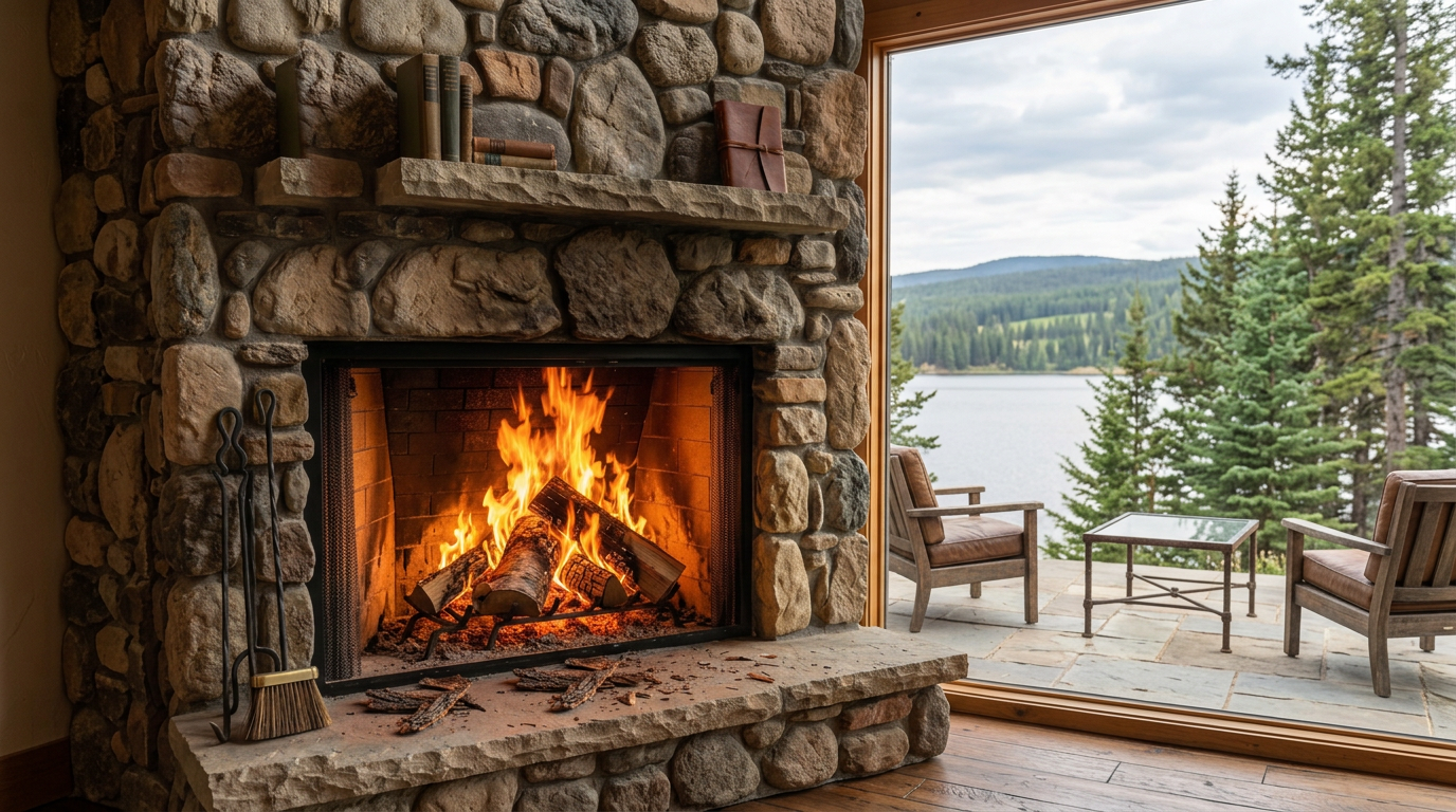 Block fireplace with lake view