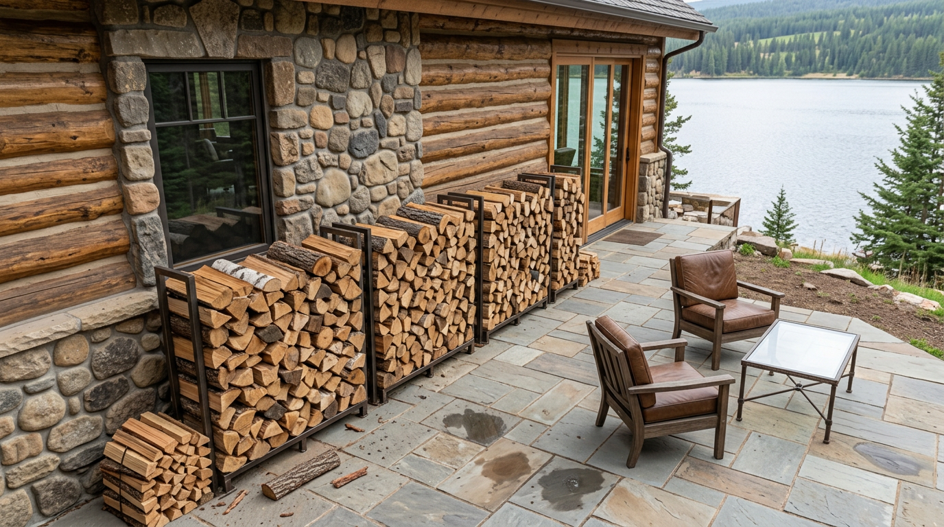 Stacks of firewood against house